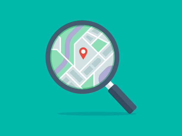 Illustration of magnifying glass with map on lens Modern flat vector illustration appropriate for a variety of uses including articles and blog posts. Vector artwork is easy to colorize, manipulate, and scales to any size. magnifying glass vector stock illustrations