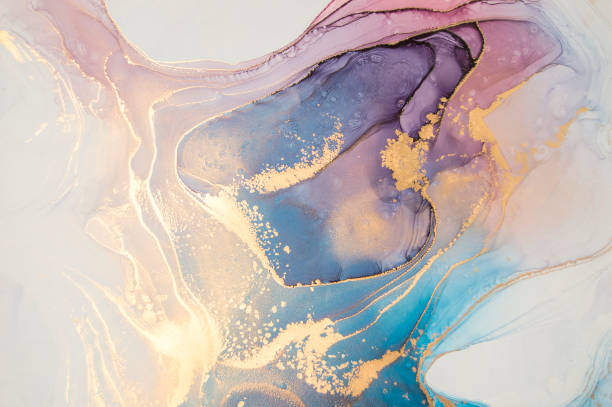 ilustrações de stock, clip art, desenhos animados e ícones de high resolution luxury abstract fluid art painting in alcohol ink technique, mixture of blue and purple paints. imitation of marble stone cut, glowing golden veins. tender and dreamy design. - watercolour paints backgrounds watercolor painting turquoise