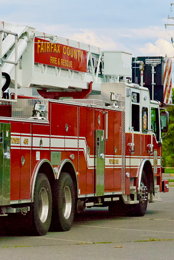 Chantilly, Virginia / USA - August 14, 2020: Rear side view of Fairfax County Fire & Rescue Ladder Truck 436 from Engine 36.