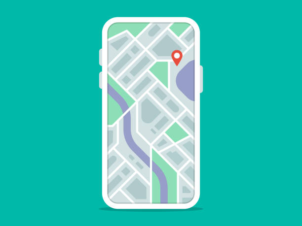 illustrazioni stock, clip art, cartoni animati e icone di tendenza di illustrazione dello smartphone con l'app di navigazione sullo schermo - global positioning system map road map direction