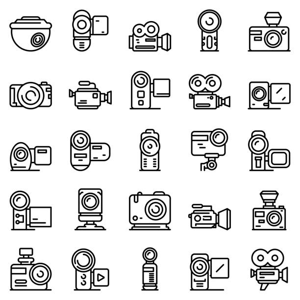 camcorder-symbole-set, umriss-stil - video voip stock-grafiken, -clipart, -cartoons und -symbole