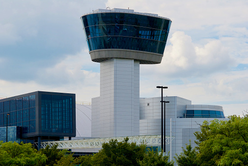Chantilly, Virginia / USA - August 14, 2020: The Engen Observation Tower at the Steven F. Udvar-Hazy Center is a recognizable landmark at this popular tourist destination near Dulles Airport in suburban Northern Virginia.