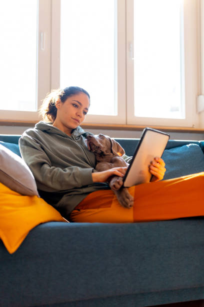 istock Relaxing on the sofa with her Weimar puppy and using digital tablet 1266637323