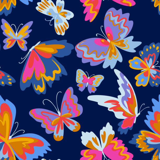 ilustraciones, imágenes clip art, dibujos animados e iconos de stock de patrón vectorial con mariposas decorativas. fondo abstracto sin fisuras. colorido diseño plano para tela y textil. estilo de moda. - backgrounds beauty in nature beautiful blue