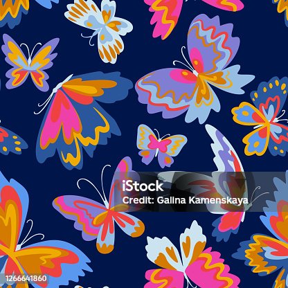 istock Vector pattern with decorative butterflies. Abstract seamless background. Colorful flat design for fabric and textile. Fashion style. 1266641860