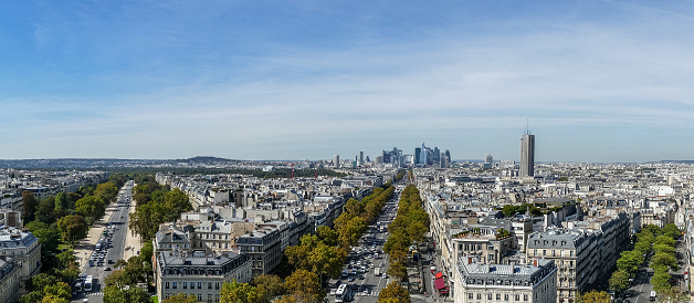 Large aerial view of the skyline of Paris with the skyscrapers of La Defense