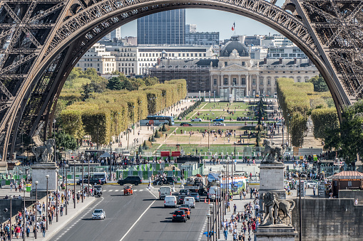 Paris, France - 09/15/2018: The Champ de Mars view under the Eiffel Tower