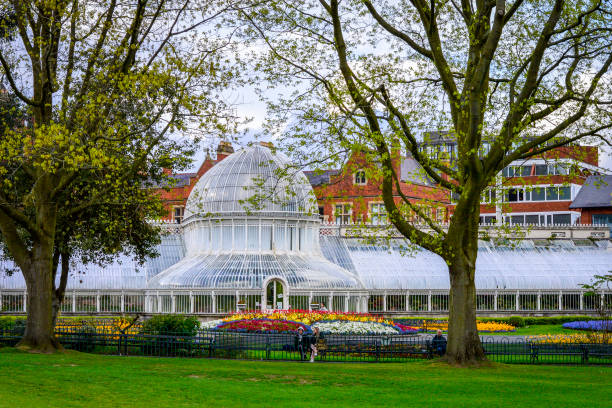 Belfast, UK, April 25, 2019. Belfast Botanic Garden with Palm House, a popular attraction in Northern Ireland.