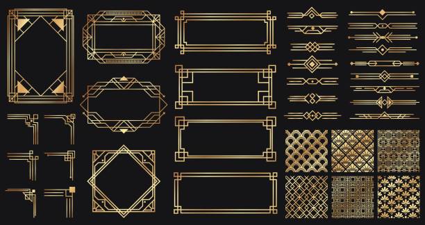아르 데코 요소 세트. 창조적 인 황금 테두리와 프레임. 고급 또는 프리미엄 디자인을 위한 디바이더 및 헤더 - frame stock illustrations