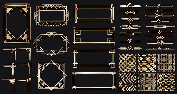 Art deco elements set. Creative golden borders and frames. Dividers and headers for luxury or premium design