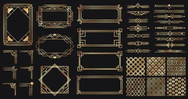 Vector illustration of Art deco elements set. Creative golden borders and frames. Dividers and headers for luxury or premium design