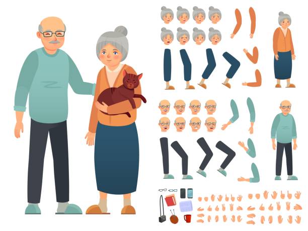 großeltern zeichen konstruktor. kreation kit mit verschiedenen gesichtsemotionen, handgesten und zubehör - senior women grandmother glasses senior adult stock-grafiken, -clipart, -cartoons und -symbole