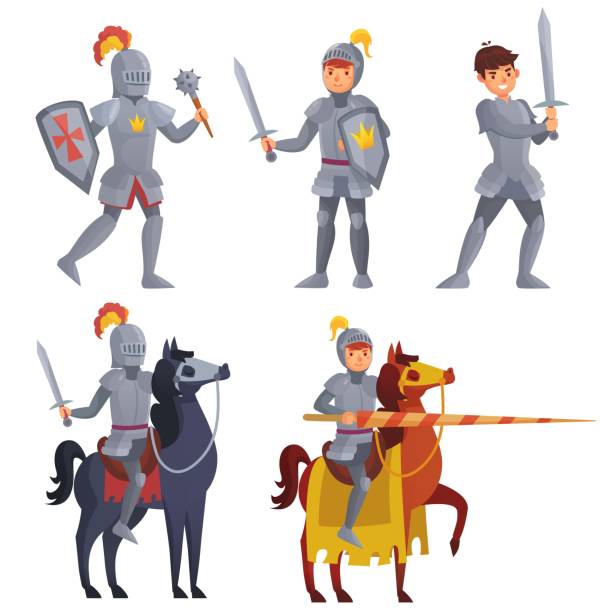 Medieval khight holding sword, royal knight with lance on horseback Medieval knight holding sword, royal knight with lance on horseback. Warriors with shield and mace for fighting in battle. Hero wearing armor isolated set. Fairy tale characters vector illustration superheld stock illustrations
