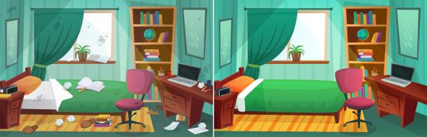 Room before and after cleaning. Comparison of messy bedroom and clean kid bedroom. Home after tiding service Room before and after cleaning. Comparison of messy bedroom and clean kid bedroom. Home interior after tiding service. Dirty window, bed, paper around room. Table and bookshelf vector illustration organized bookshelf stock illustrations