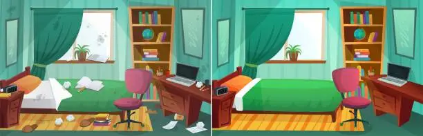 Vector illustration of Room before and after cleaning. Comparison of messy bedroom and clean kid bedroom. Home after tiding service