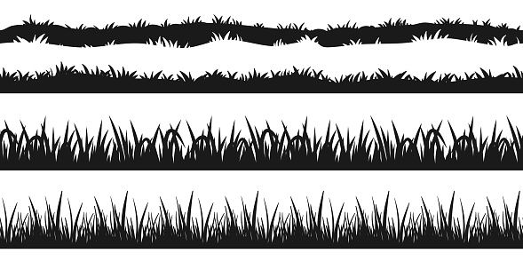 Seamless grass border silhouette. Tuft line set isolated on white background. Nature element for lawn or meadow design. Black plant border collection for landscape vector illustration