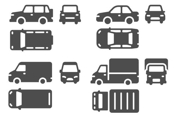 auto-oberseite und frontansicht. fahrzeugprojektion, suv, minibus und lkw auto-icons für web, ui design umriss transport vektor-set - truck pick up truck side view car stock-grafiken, -clipart, -cartoons und -symbole