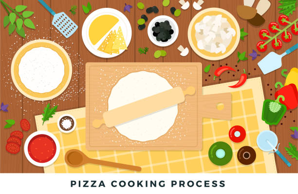 ピザ調理プロセス。ベクトルフラットイラスト。木製のテーブルにピザ料理のための製品やツールのセット。 - cheese making点のイラスト素材／クリップアート素材／マンガ素材／アイコン素材
