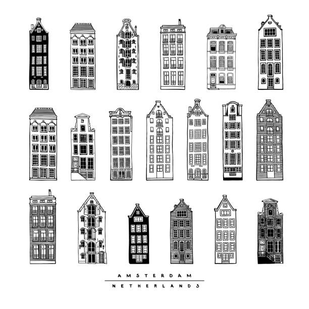 большой набор старых домов амстердама, нидерланды. ручная коллекция карт городских эскизов. векторная иллюстрация европейского города. - amsterdam canal netherlands dutch culture stock illustrations
