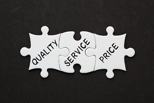 Three Puzzle showing quality, service and price