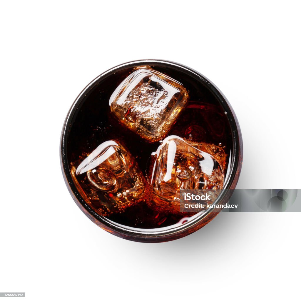 Glass of cola with ice cubes Glass of cola with ice cubes isolated on white background. Take away soda drink. Top view flat lay Cola Stock Photo