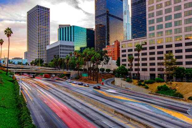 istock Los Angeles skyline and traffic at dawn 1266647250
