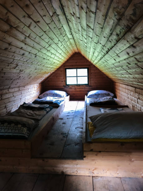 istock Two beds inside a wooden cabin 1266648034