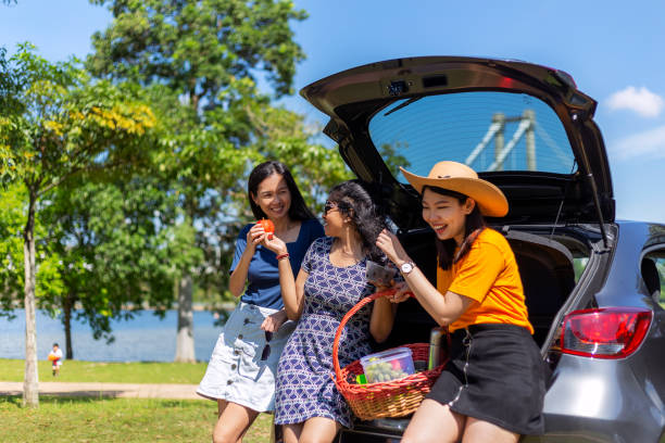 istock Friends leaning to a car and talking 1266648105