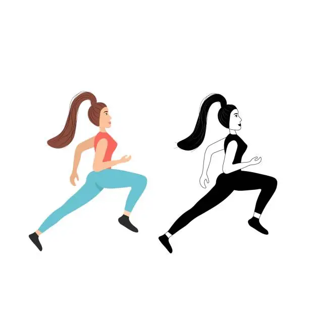 Vector illustration of Running girl isolated on a white background. Silhouette of a female sprinter. Runners in motion. Preparing for the marathon. Jogging. Sportswomen in a flat style. Stock vector illustration for design.