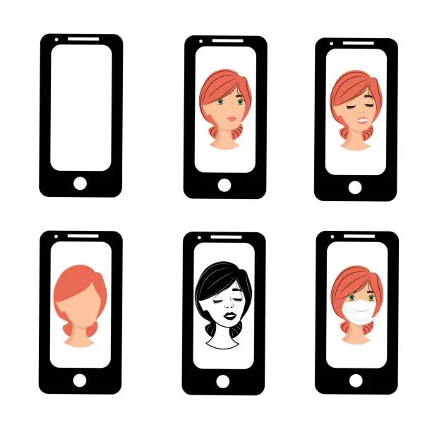 Vector illustration of Girl with orange hair on the phone screen. Emotions of a woman on the screensaver of a smartphone. Remote communication using gadgets. Stock vector illustration for business, internet, social networks