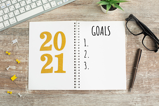 New Year goals List 2021 on wooden desk.
