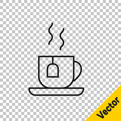 Black line Cup of tea with tea bag icon isolated on transparent background. Vector.