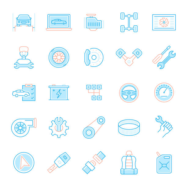 ilustrações de stock, clip art, desenhos animados e ícones de set of car service and repair shop related flat line icons. simple outline symbol icons. - auto repair shop mechanic piston industrial equipment