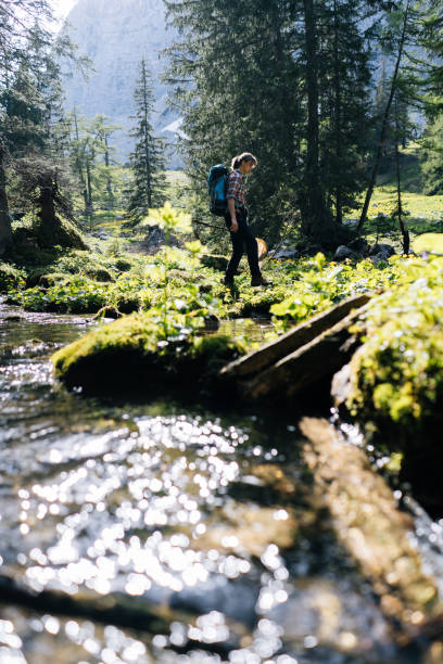 istock Young woman hikes across a stream in a mountain meadow 1266650521