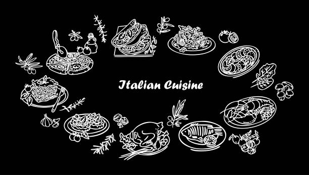 итальянская кухня линия значок набор. итальянская еда. белые силуэты на черном фоне. может быть использован для таких тем, как здоровое пита - food italian culture salad spaghetti stock illustrations