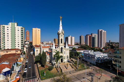 City of Uberaba, Minas Gerais, Brazil. Aerial view of the Sacred Heart of Jesus Cathedral. July, 5 2020