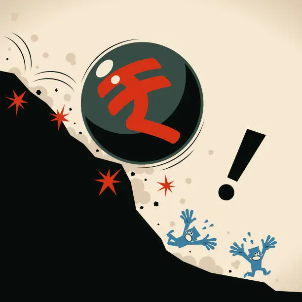 Vector illustration of Big iron ball with Rupee sign falling off a cliff, people are screaming and escaping, financial crisis and economic recession concept