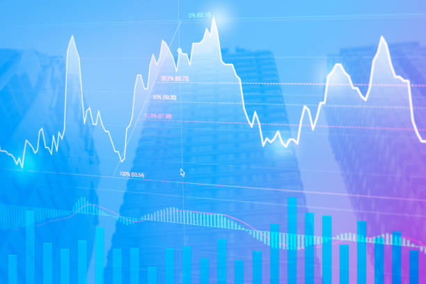 istock Stock market graph with fibonacci indicator and skyscraper on background 1266658601