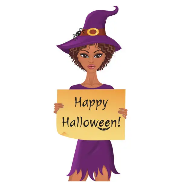 Vector illustration of Cute afro-american witch holding a piece of paper with happy halloween text.