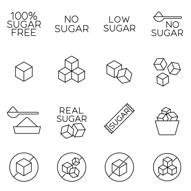 설탕 큐브 라인 아이콘과 무설탕 라벨. 윤곽 선으로 건강한 무설탕 식품의 징후. 당뇨병 예방 및 체중 조절의 개념. 패키지 또는 태그에 적합 - sugar stock illustrations