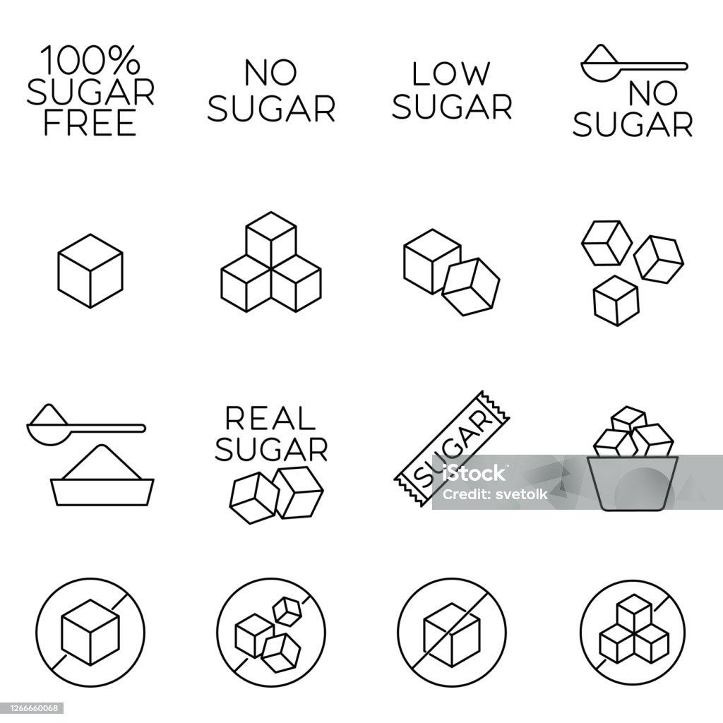 Sugar cubes line icons and sugar free labels. Signs of healthy sugarless food in outline style. Concept of diabetes prevention and weight control. Great for package or tags - Royalty-free Açúcar arte vetorial