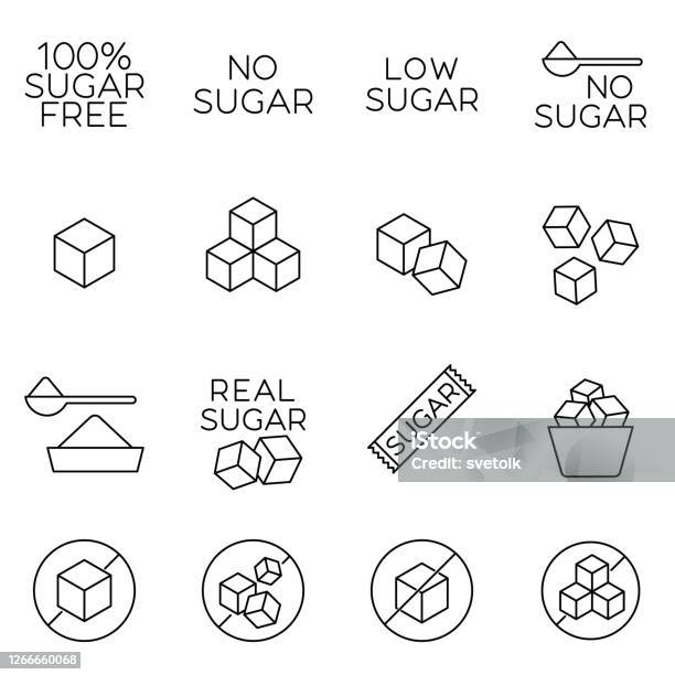 Sugar Cubes Line Icons And Sugar Free Labels Signs Of Healthy Sugarless Food In Outline Style Concept Of Diabetes Prevention And Weight Control Great For Package Or Tags - Arte vetorial de stock e mais imagens de Açúcar