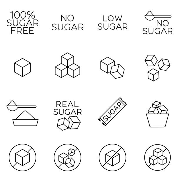 кубики сахара линии значки и без сахара этикетки. признаки здоровой без сахара пищи в стиле набросков. концепция профилактики диабета и кон - sugar stock illustrations