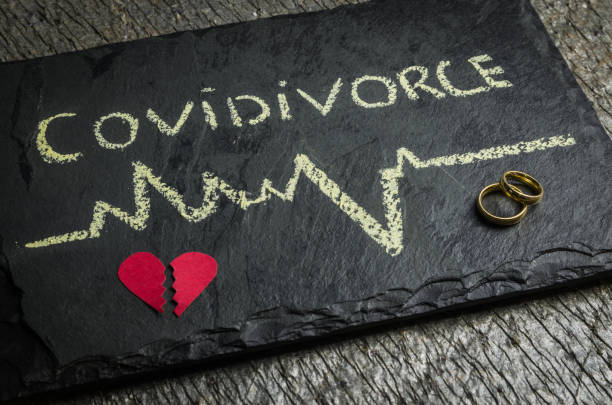 ottimo concetto di divorzio in quarantena a causa della pandemia di coronavirus del 2019. targa scritta "covidivorce" in riferimento ai divorzi causati da relazioni umane durante la quarantena. - divorces foto e immagini stock