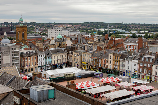 Northampton, UK - 4th August, 2020: Aerial view of the Covid-19 testing site in Northampton Town Centre’s market square