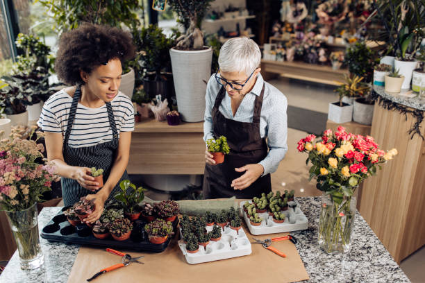 istock Two florist arranging their flower shop 1266665419