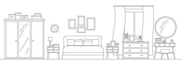 Cozy bedroom with furniture line art interior scene isolated on white background. Cozy bedroom with furniture line art interior scene isolated on white background. Home room with black silhouete of bed wardrobe nightstands mirror lamp in linear style. Vector illustration. bedroom drawings stock illustrations