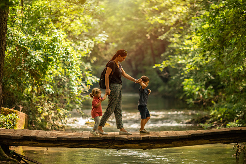 Young mother with her two kids crossing wooden footpath bridge in forest over river, side view