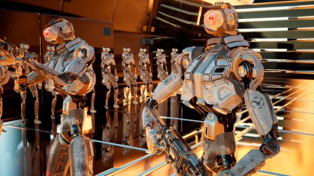 istock Military robots-androids arrived on a spaceship to an alien planet for its colonization. 3D Rendering. 1266672113