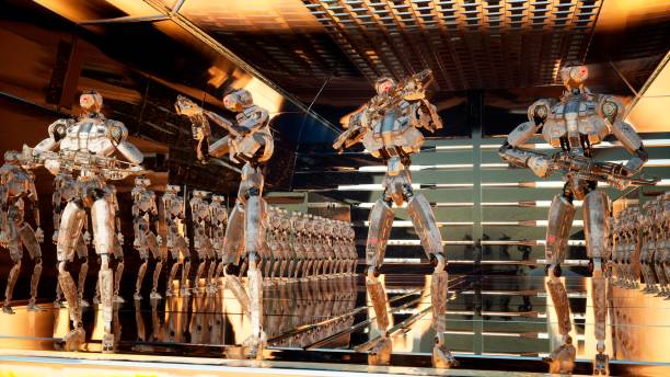 istock Military robots-androids arrived on a spaceship to an alien planet for its colonization. 3D Rendering. 1266672115